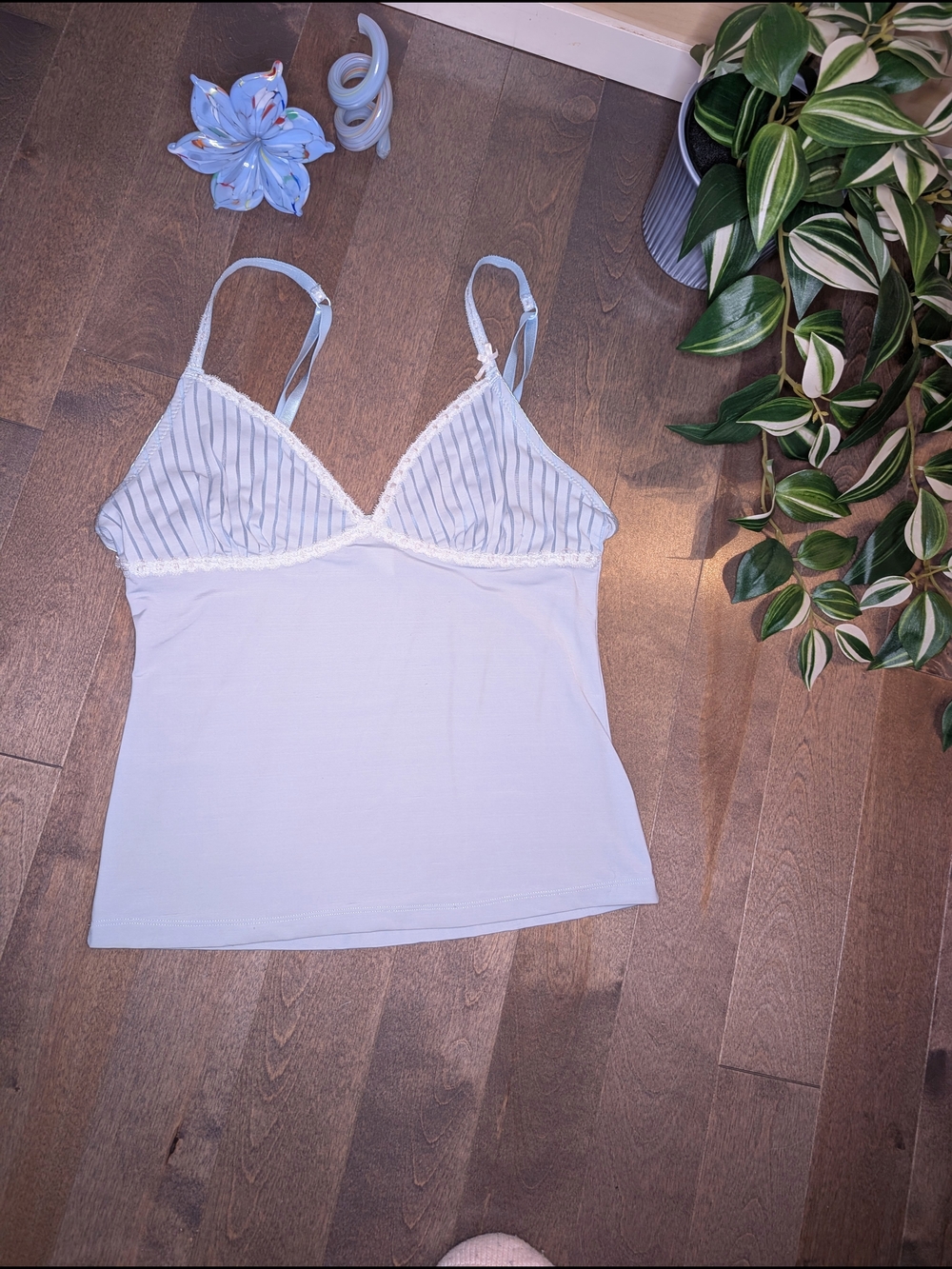Jolie Powder Blue Striped Lace Trim Cami